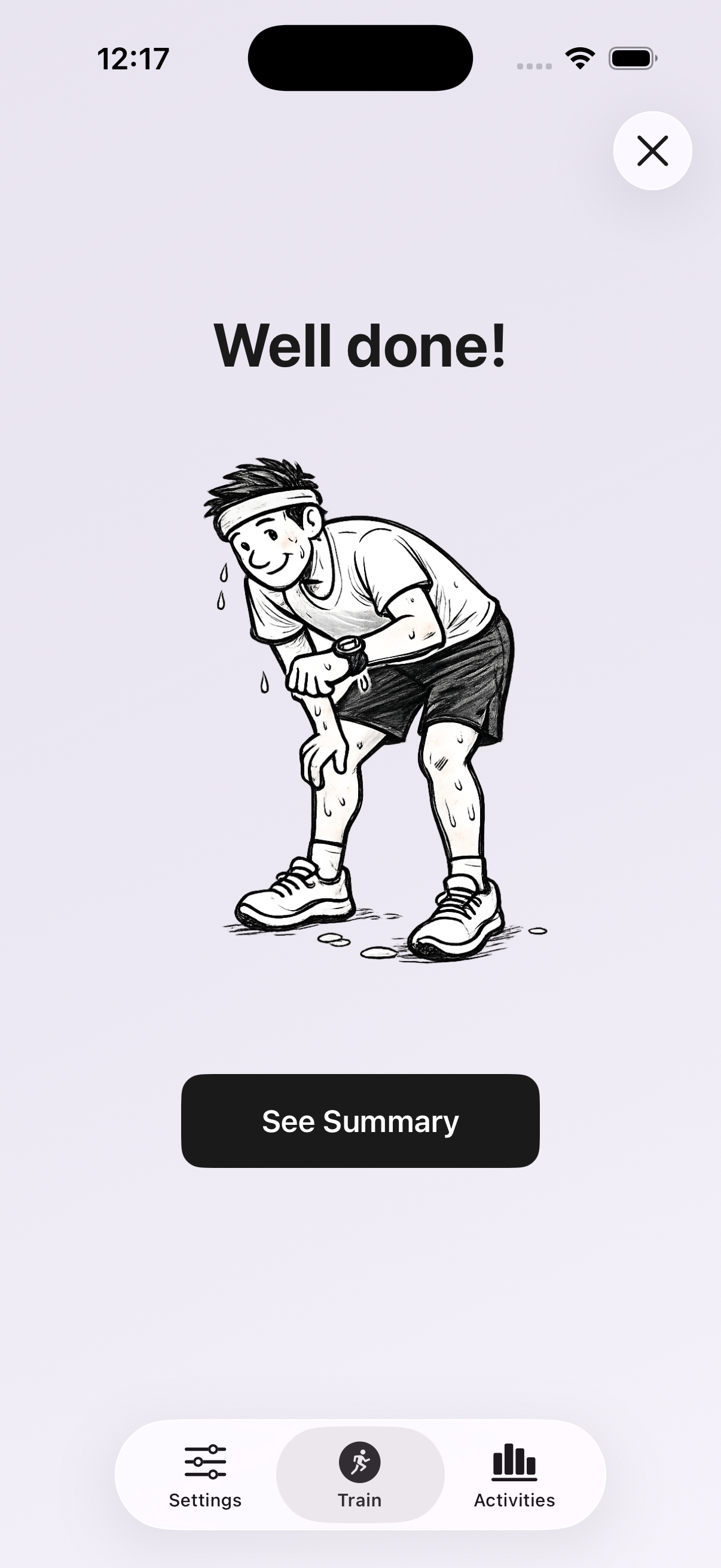 Workout complete screen showing Well Done message