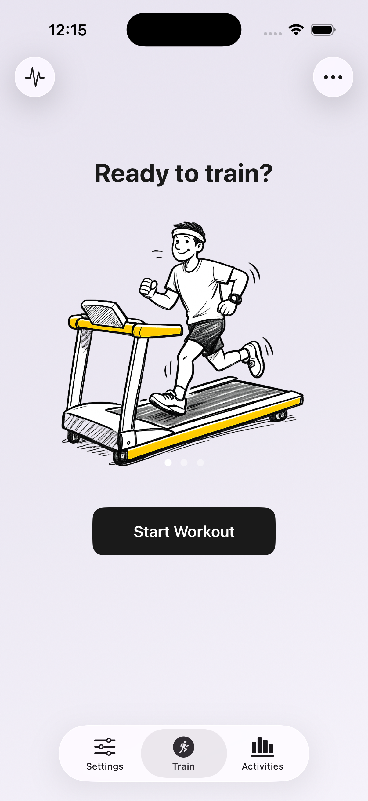 4×4 Treadmill app home screen showing a runner on a treadmill ready to start a workout