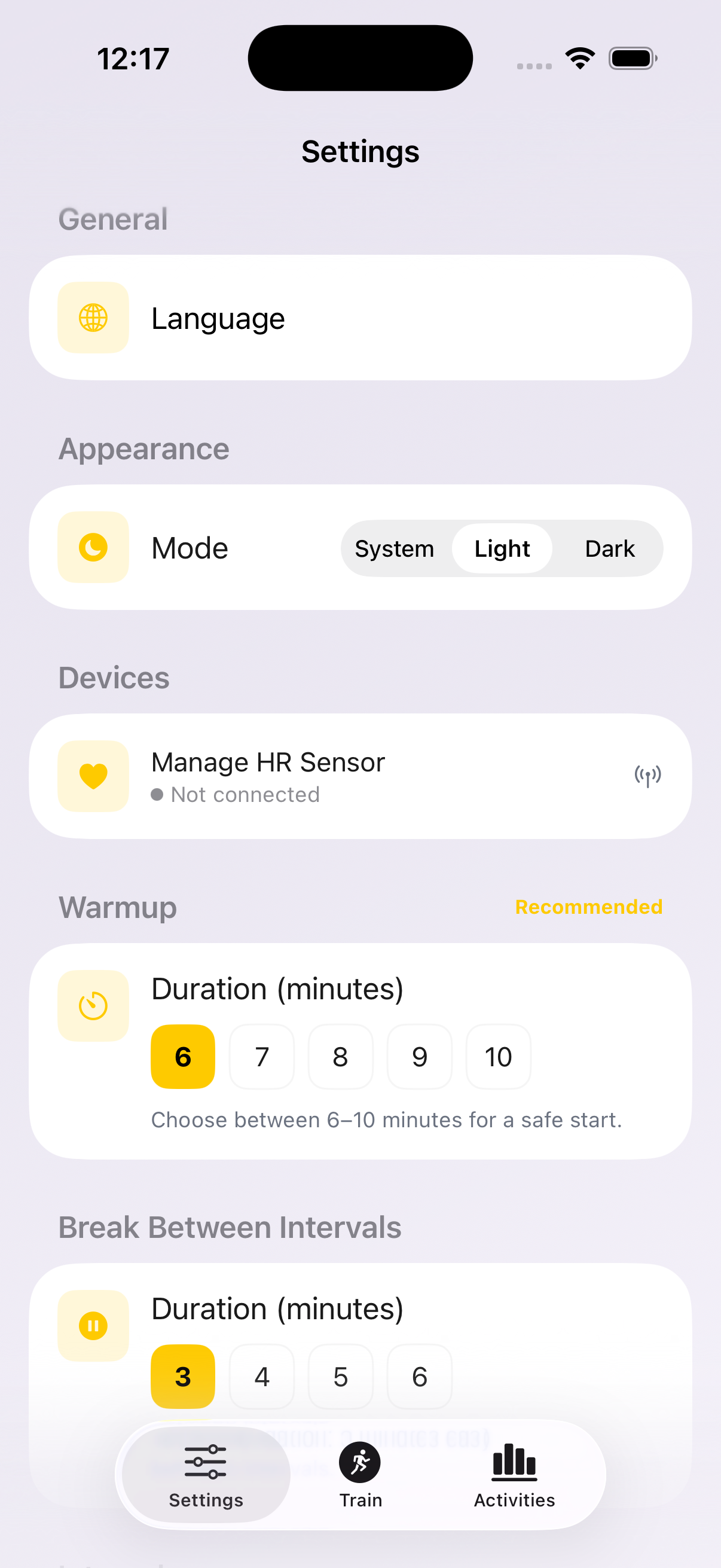 Settings screen for language, appearance, sensors, and durations