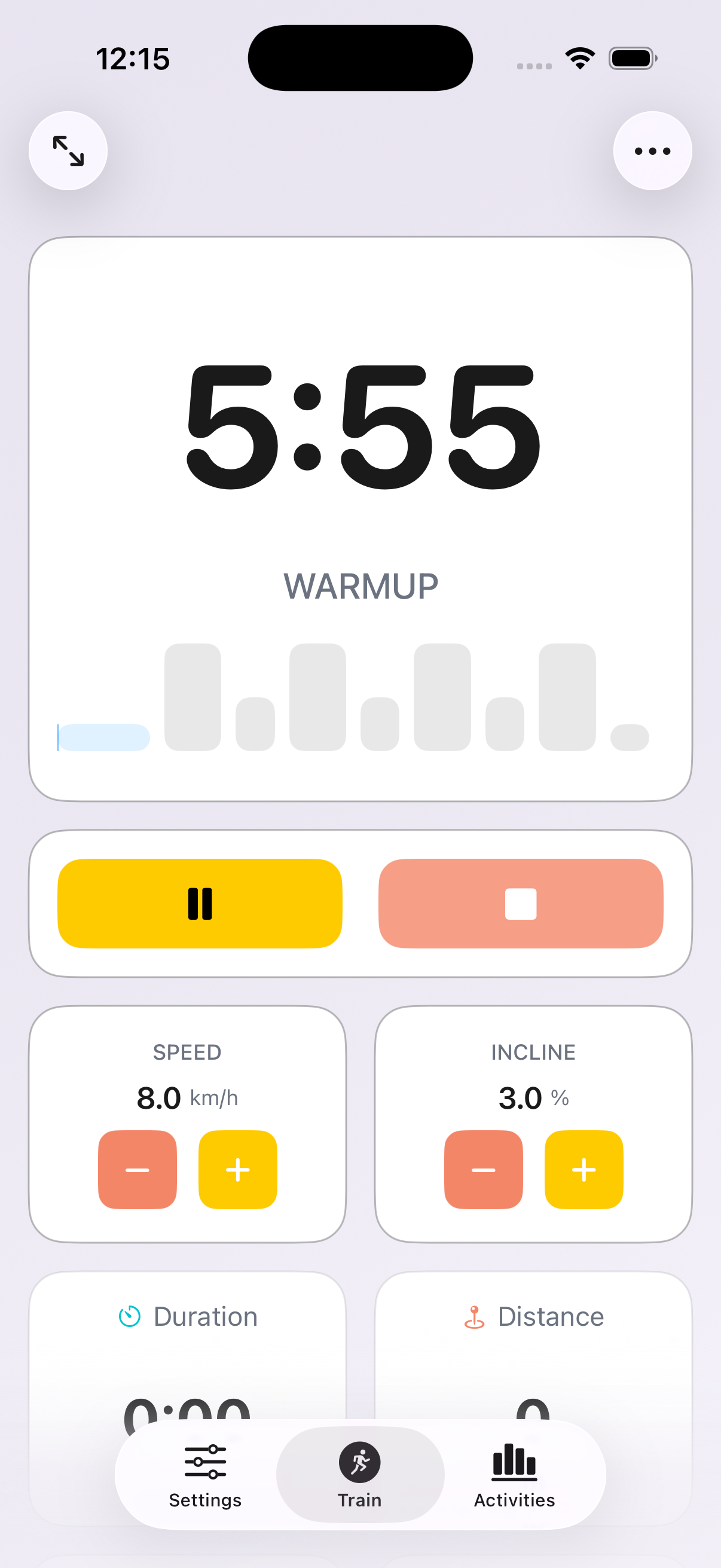 Active workout screen with timer, speed and incline controls